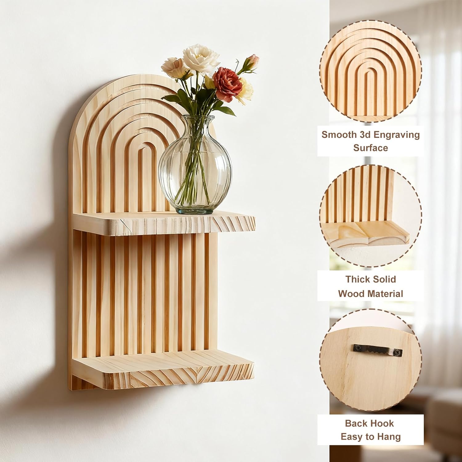 Lot de 2 étagères murales bohèmes - Étagère flottante à 2 niveaux massif, motif arc-en-ciel, faite main - Décoration murale pour bibelots，beige - 3
