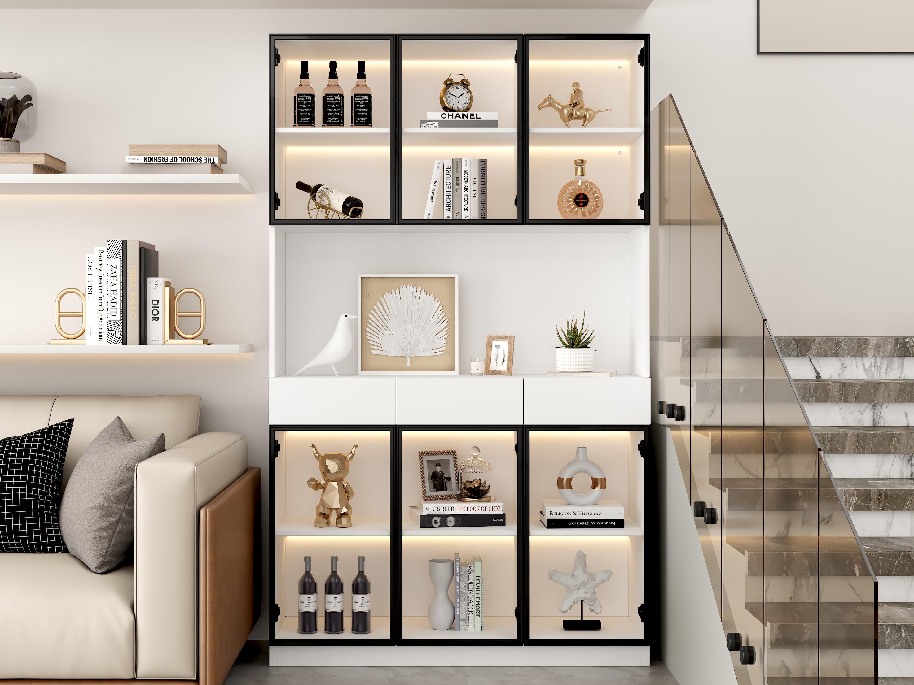 Modernluxe  Vitrina 120X36x200 Cm Con Led, 6 Puertas De Cristal Y 3 Cajones, Blanco , Leroy Merlin