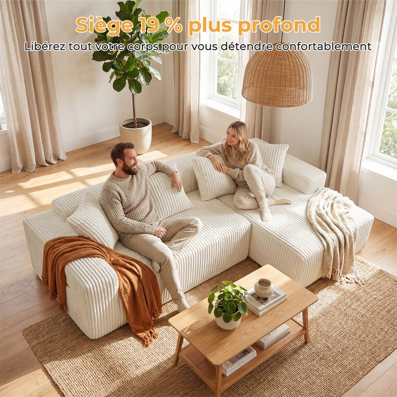DRIPEX Canapé d'angle droit en velours côtelé avec 4 coussins,Canapé Modulable 4 places avec méridienne en L,261×156×80cm,Beige - 7
