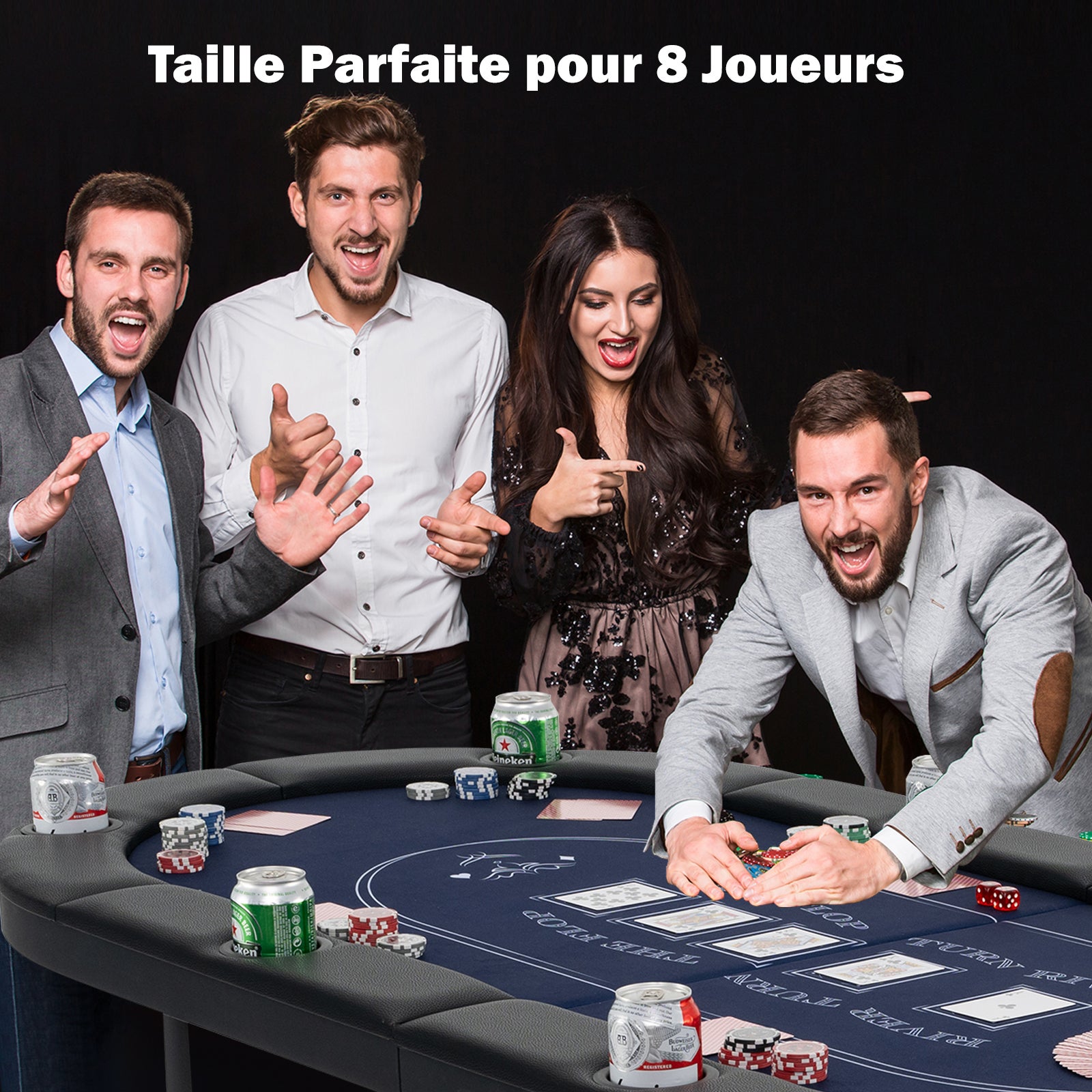 Składany Stół do Pokera dla 8 Graczy, Stół do Gier Towarzyskich 182 cm, 8 Metalowych Uchwytów na Kubki, Wyściełane Poręcze, Texas Hold'em, Niebieski - 8