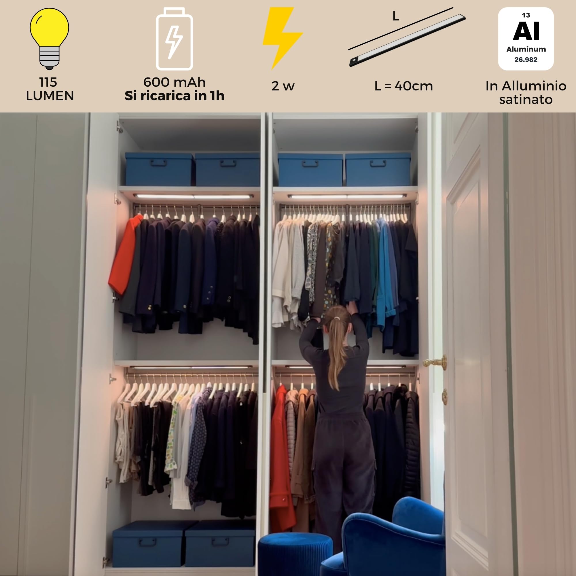 HOMPLEMENT Luce LED per Armadio con Sensore di Movimento 40 cm – Barra LED Magnetica Ricaricabile USB e regolabile con 3 Tonalità di Luce - Grigio - 6