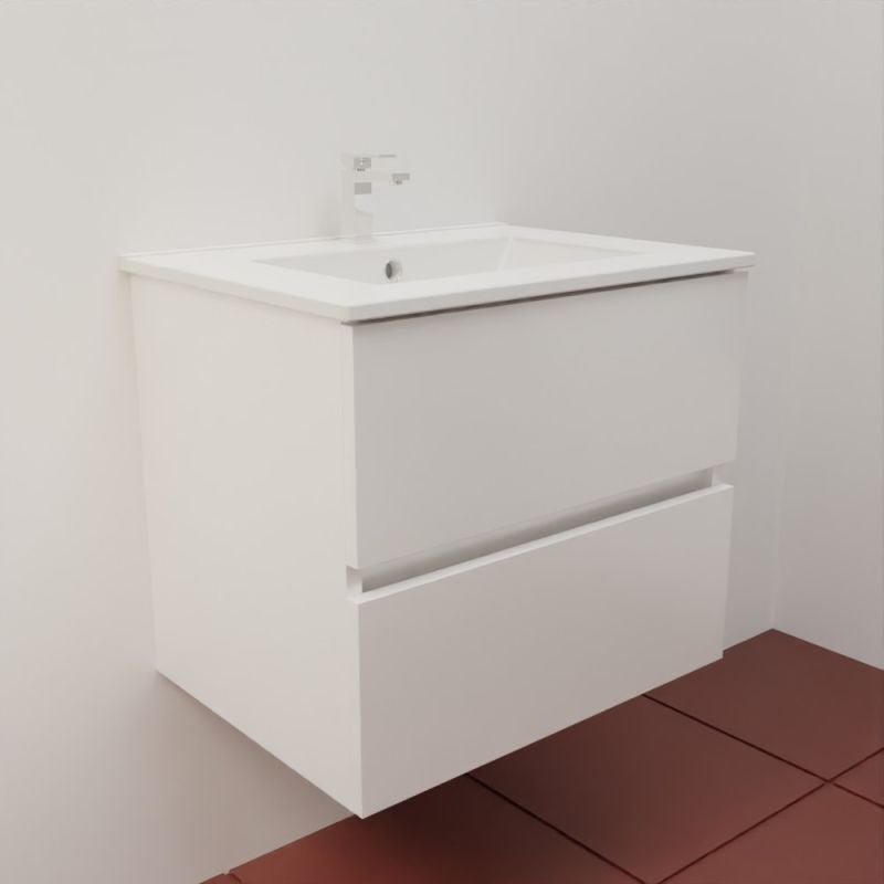 Meuble salle de bain suspendu 60 cm ROSALY INOX- Blanc- Plan vasque en Céramique - 2