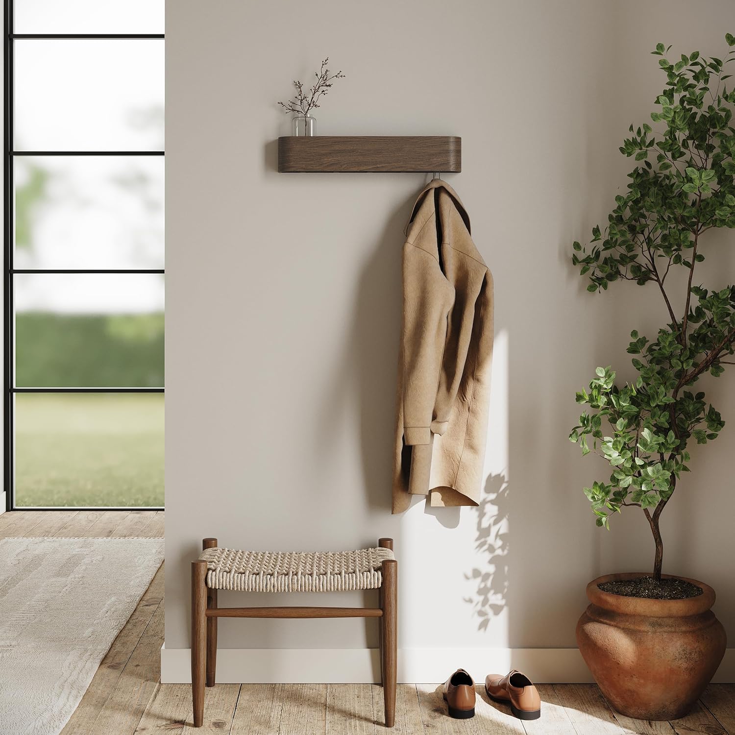 Appendiabiti da parete in legno | Design moderno con ganci nascosti | Impiallacciatura in legno massello | Colore noce - 5