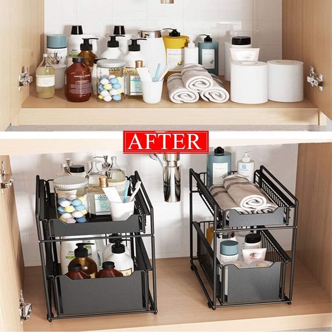 Organizzatore Sottolavandino A 2 Ripiani Estraibili – In Acciaio, Bianco, Per Cucina E Bagno, Salvaspazio Con Altezza Regolabile