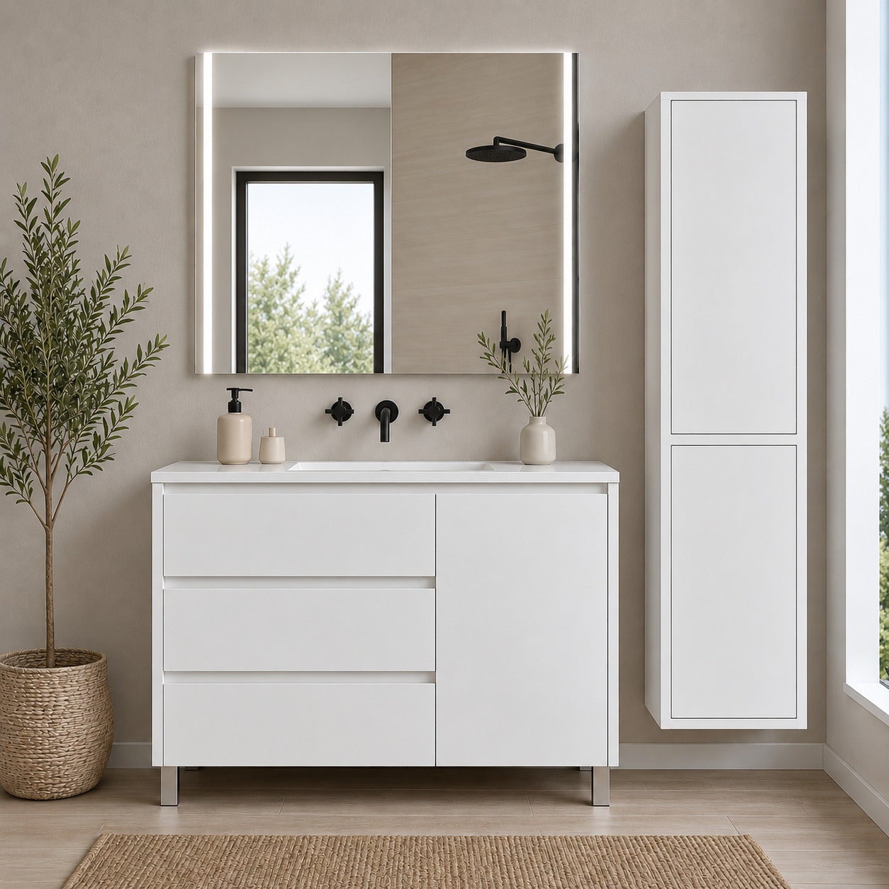 Mobilier de baie con 3 cajones, puerta y lavabo ORIGENBATH VOLUM fără oglindă 90x45 cm alb cu coloană