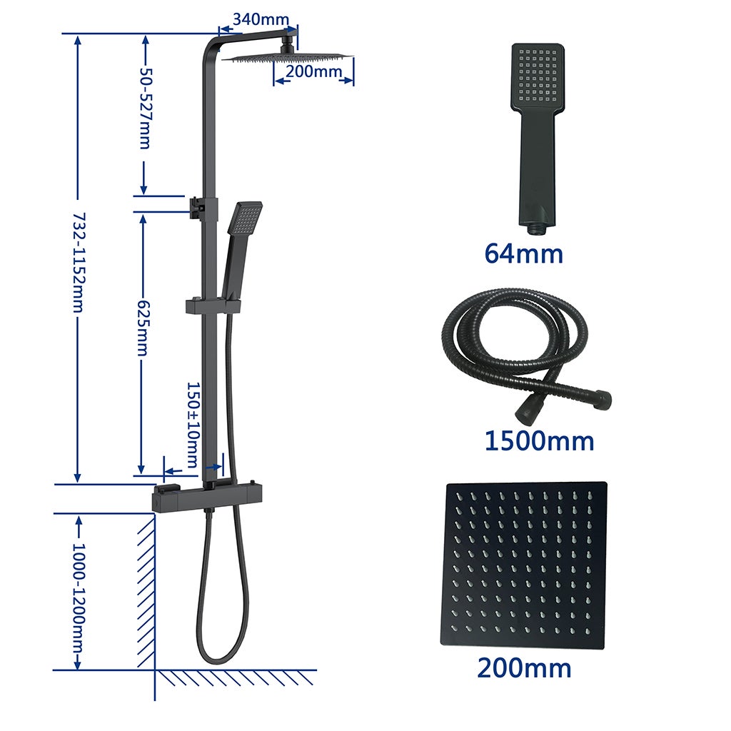 AICAIT Rubinetteria doccia con miscelatore termostatico, colonna doccia termostatica con soffione 20cm a pioggia, asta regolabile73-115cm, nero opaco - 7