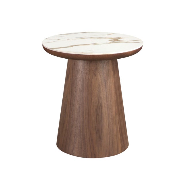 Mesa rincón redonda mármol porcelánico y nogal Ø49 x 50