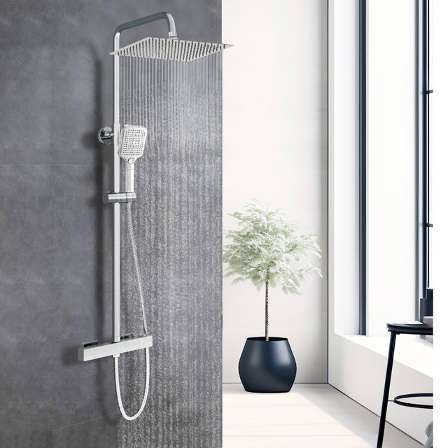 AICA Columna de Ducha Termostática Plata Brillante 30x30cm Rociador Superior Diseño Sencillo para Baño