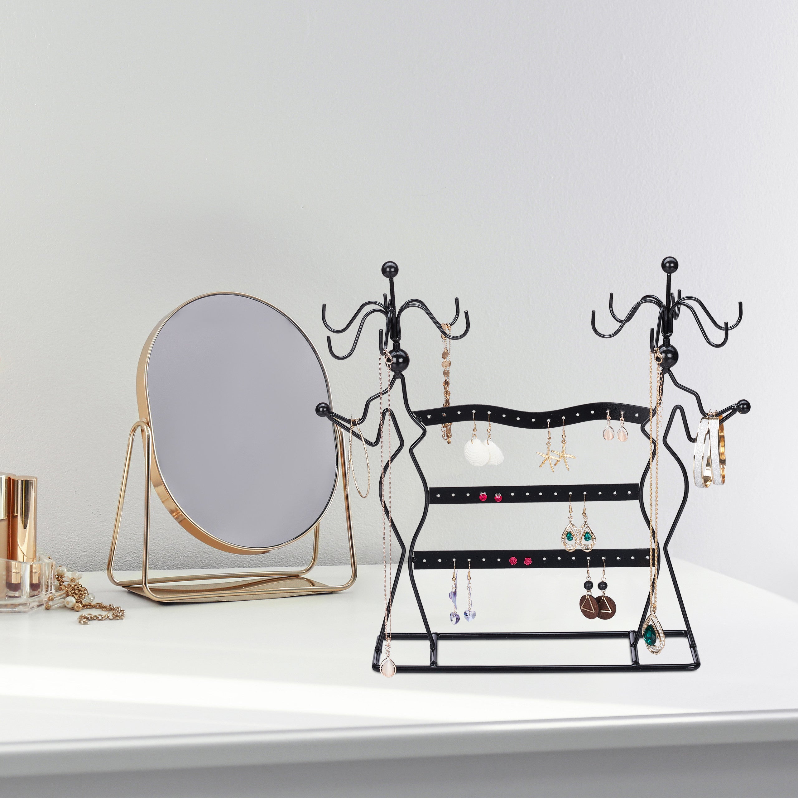 Présentoir à bijoux, rangement pour colliers, boucles d’oreilles, bracelets, rotatif, HxLxP 33x35x13 cm, noir, Relaxdays - 2