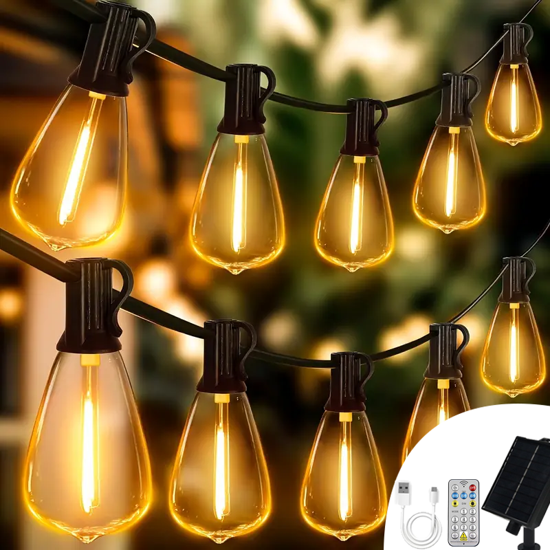 Girlanda świetlna zewnętrzna 9 m, wodoodporna lampa solarna z 15 żarówkami LED, ściemniana lampa ogrodowa ładowana przez USB