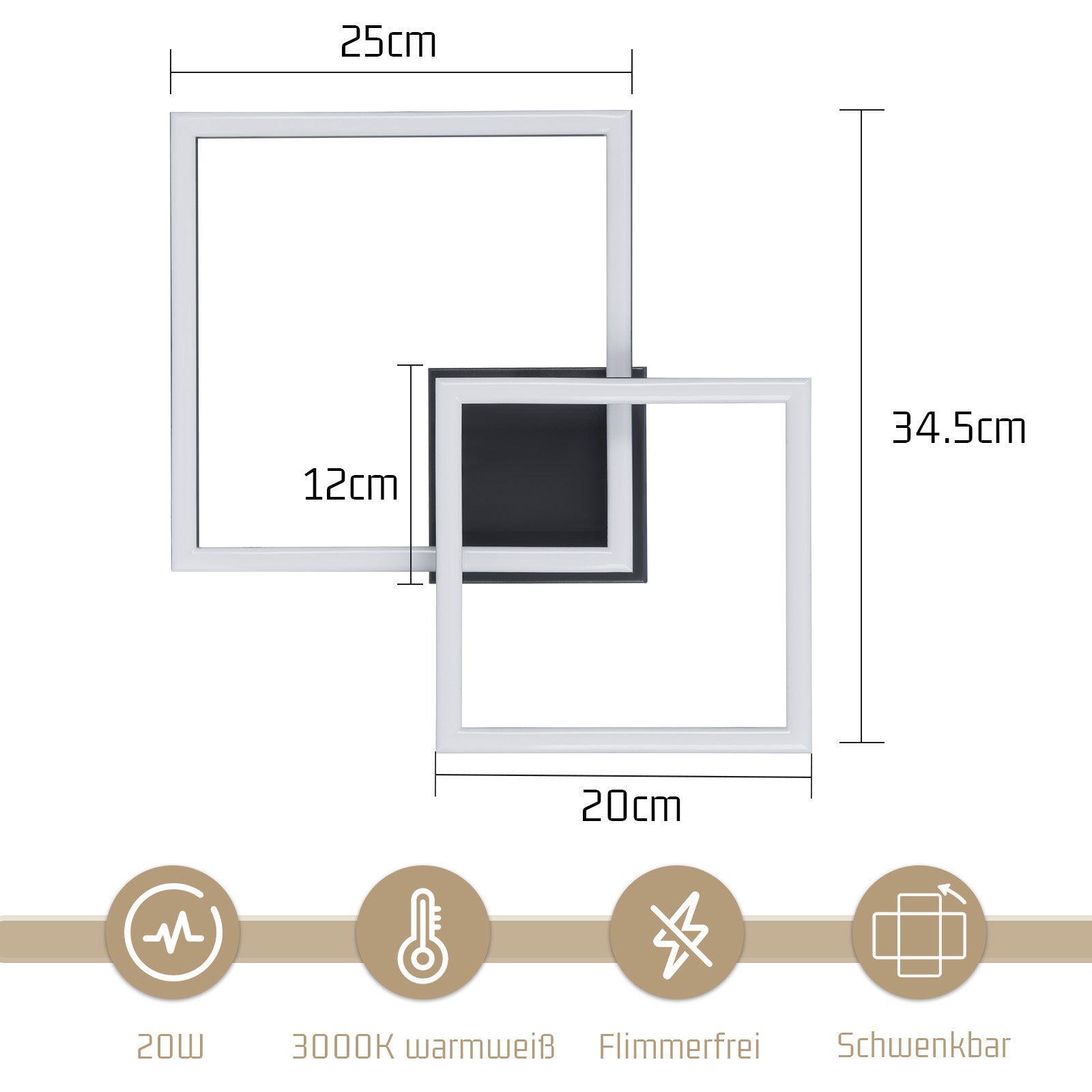 NETTLIFE Lampa sufitowa LED do salonu Lampa sufitowa do salonu - 20W ciepła biała Nowoczesna designerska lampa do sypialni w kolorze czarnym - 4