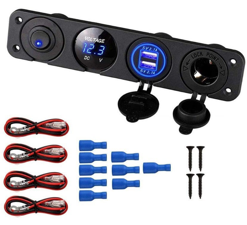 Panel 4 w 1 do samochodu 12V – Podwójne USB, Woltomierz LED, Zapalniczka, Przełącznik, Idealny do łodzi/kampera