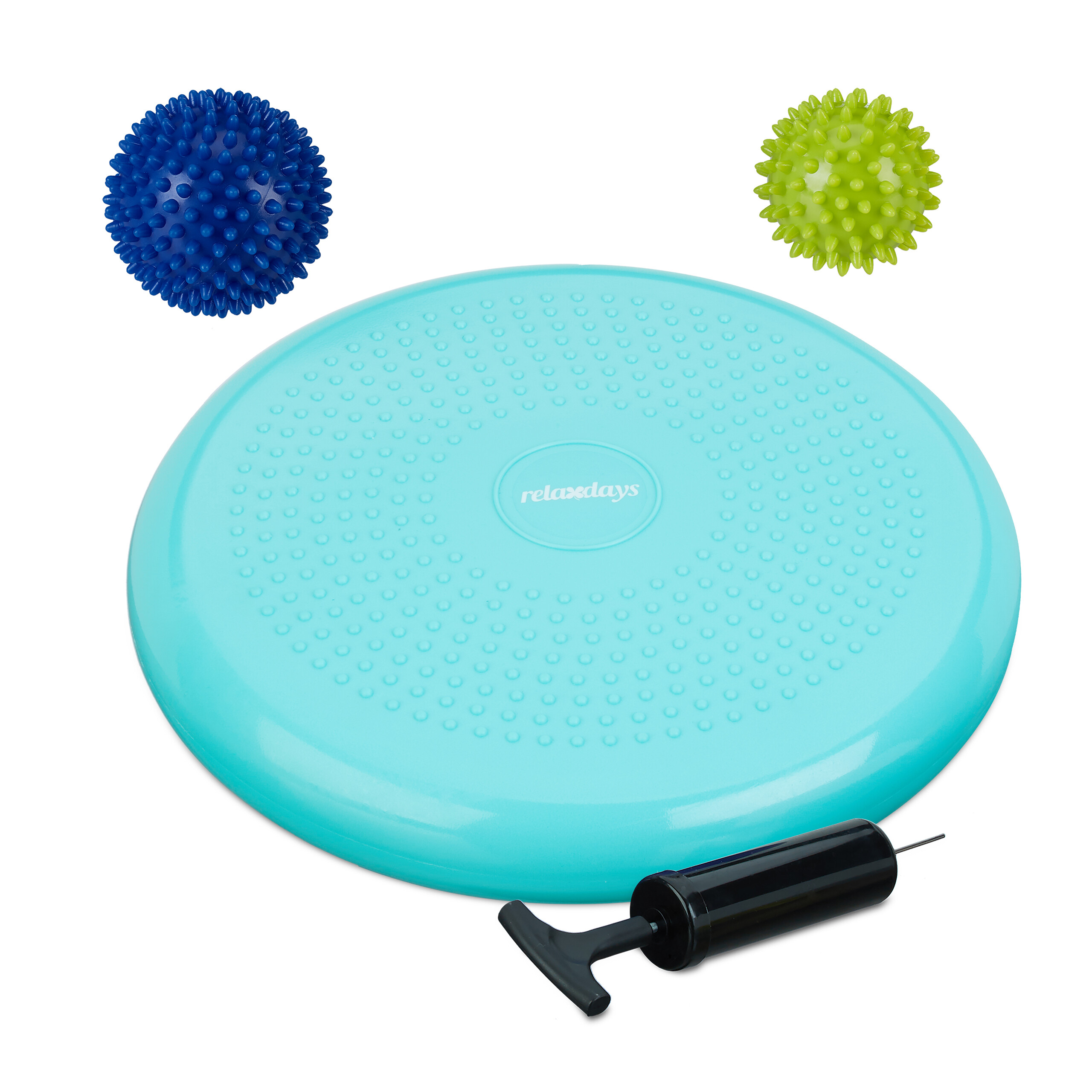Relaxdays cojín equilibrio, 2 bolas de masaje, ø 32 cm, resistencia de hasta 140 kg, pelota con inflador, turquesa