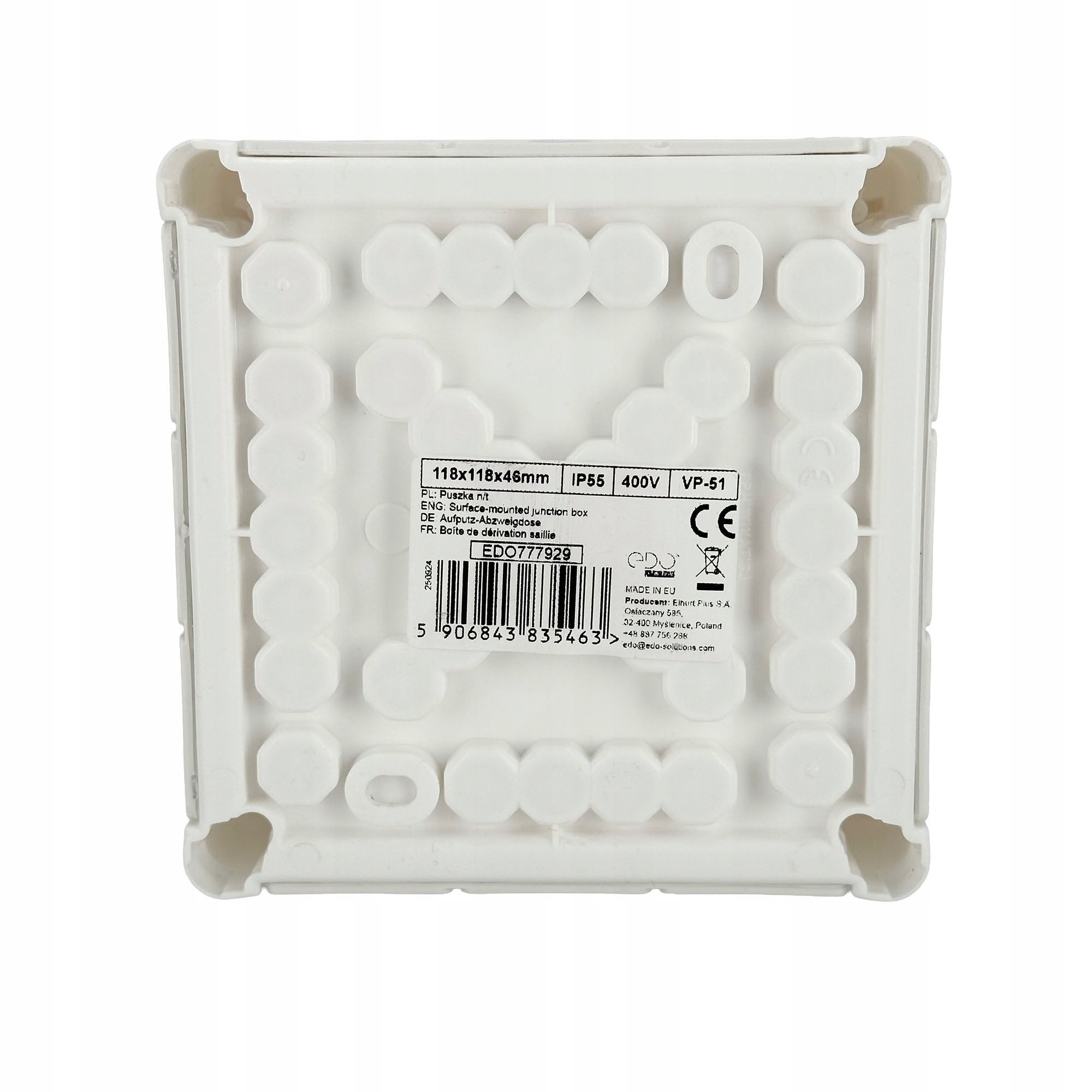 Puszka natynkowa hermetyczna 118x118x46mm 12-wlotowa, z dławikami gumowymi, IP55 zamknięcie 