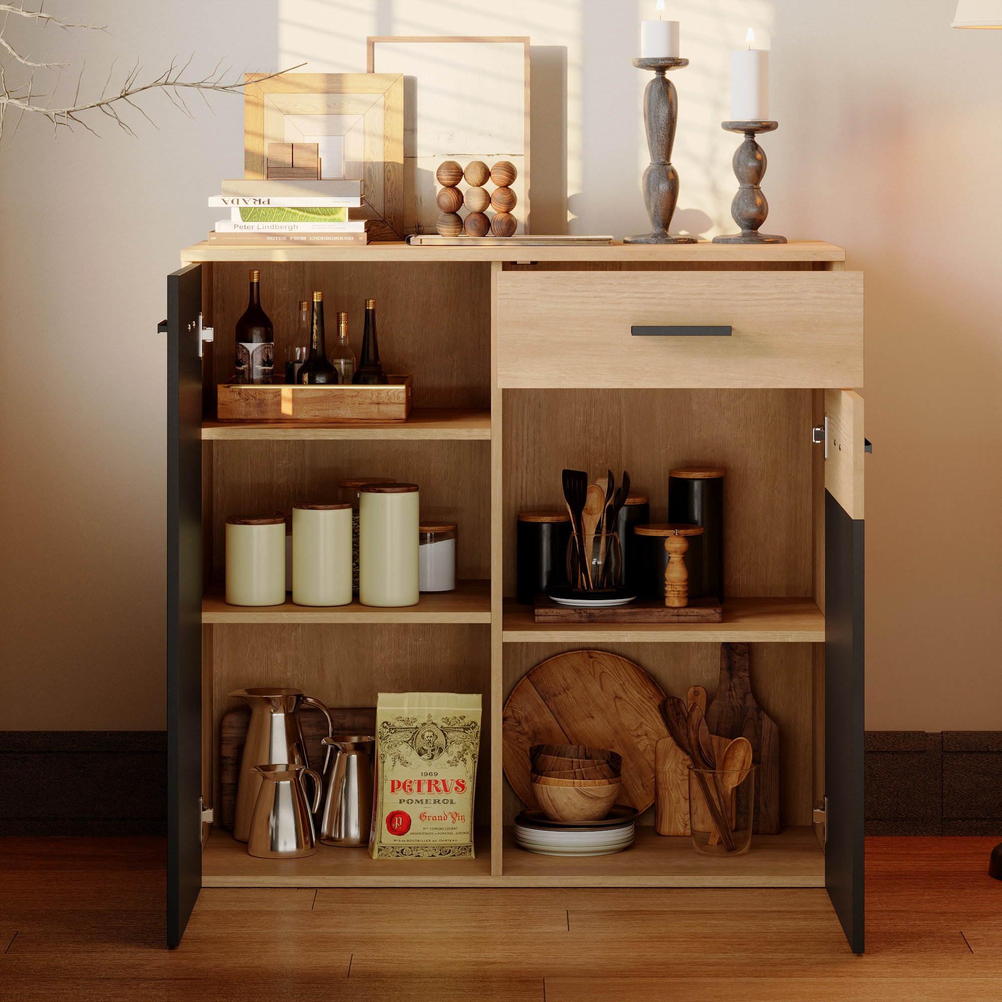 Armoire de rangement basse en Gris foncé&Bois,3 étagères,2 portes,idéale pour chambre salon,dispositif anti-basculement,90x45x85cm - 4