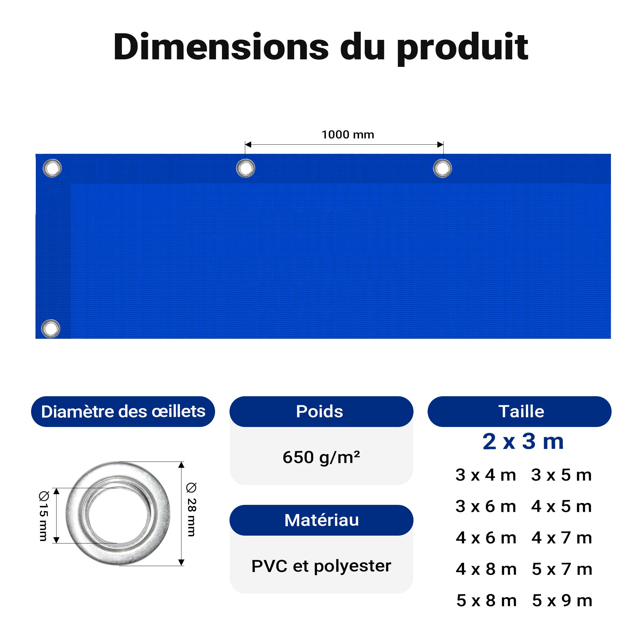 Wiltec Telone occhiellato blu 2 x 3 m resistente alle intemperie e a raggi UV, impermeabile, robusto telo di protezione in poliestere 650 g/m² con - 3