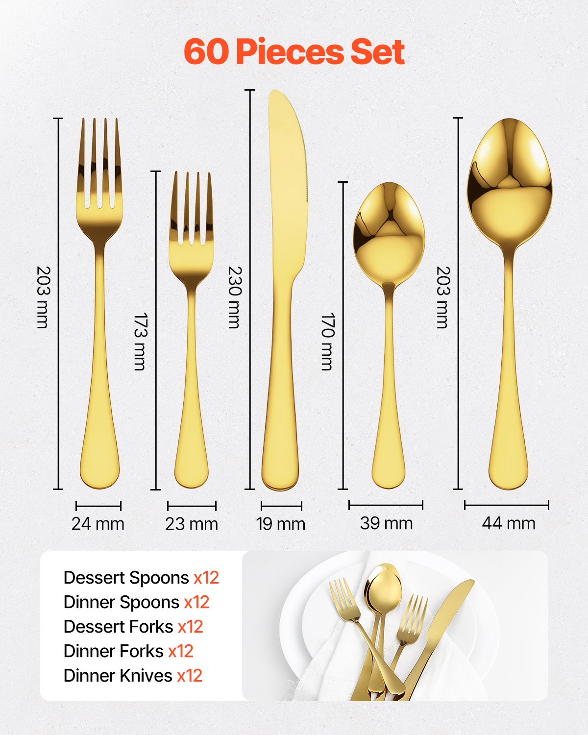 Juego de Cubiertos 60 Piezas,VEVOR Cubertería Acero Inoxidable Alimentario,Acabado Espejo,Lavable en Lavavajillas,Cuchillo,Tenedor,para Cocina - 2