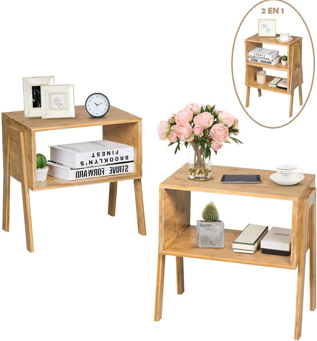 Stolik nocny z bambusa, zestaw 2 szt., stolik pomocniczy z otwartą półką, komoda nocna, stolik nocny, stolik do sypialni, salonu