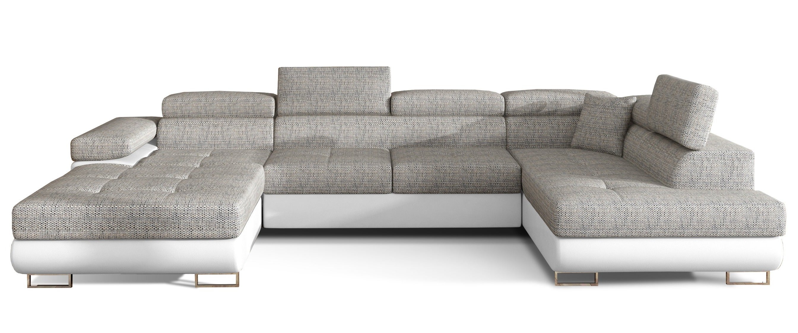 Canapé Panoramique Convertible 7 Places En U - Gris, Tissu Et Simili Cuir - Avec Coffre De Rangement XXL - 7