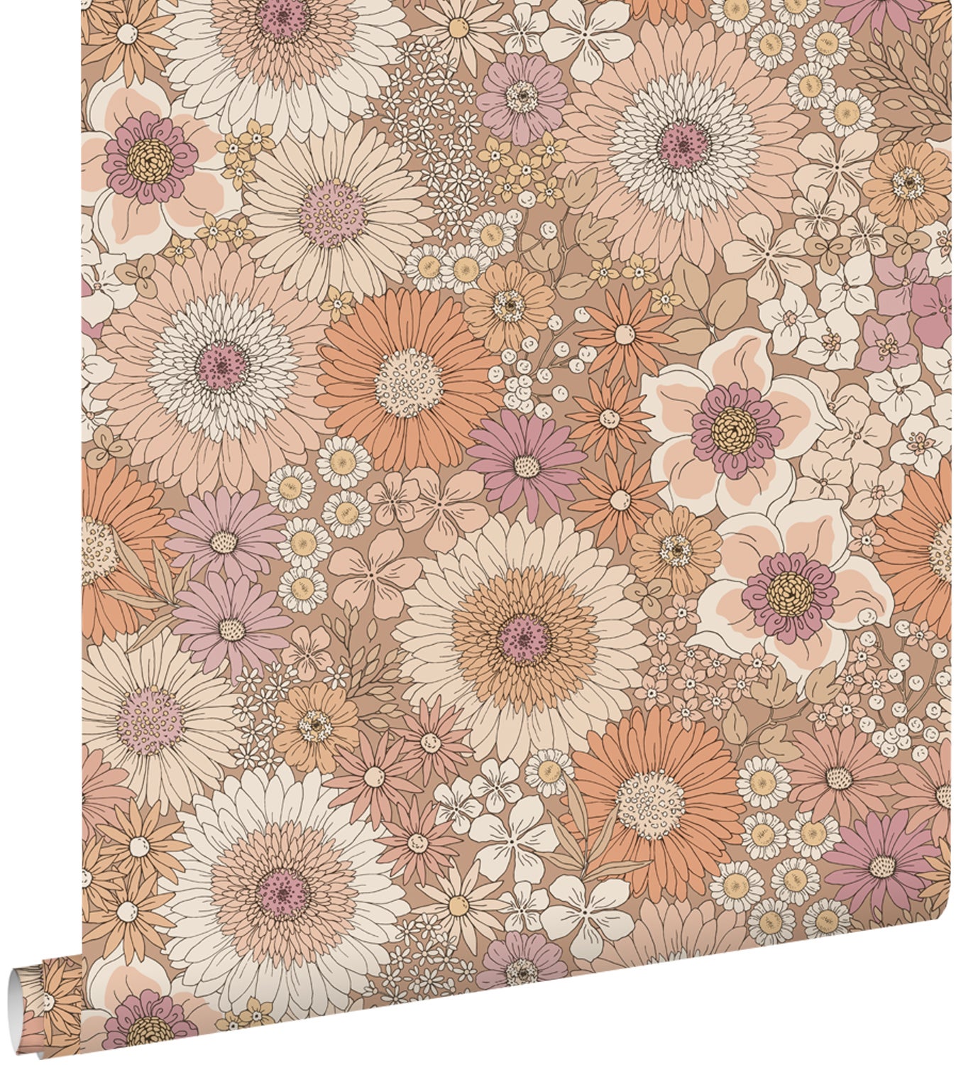 Tapeta retro kwiaty terakota,fioletowymIbiałym - 53 cm x 10.05 m - ESTAHOME