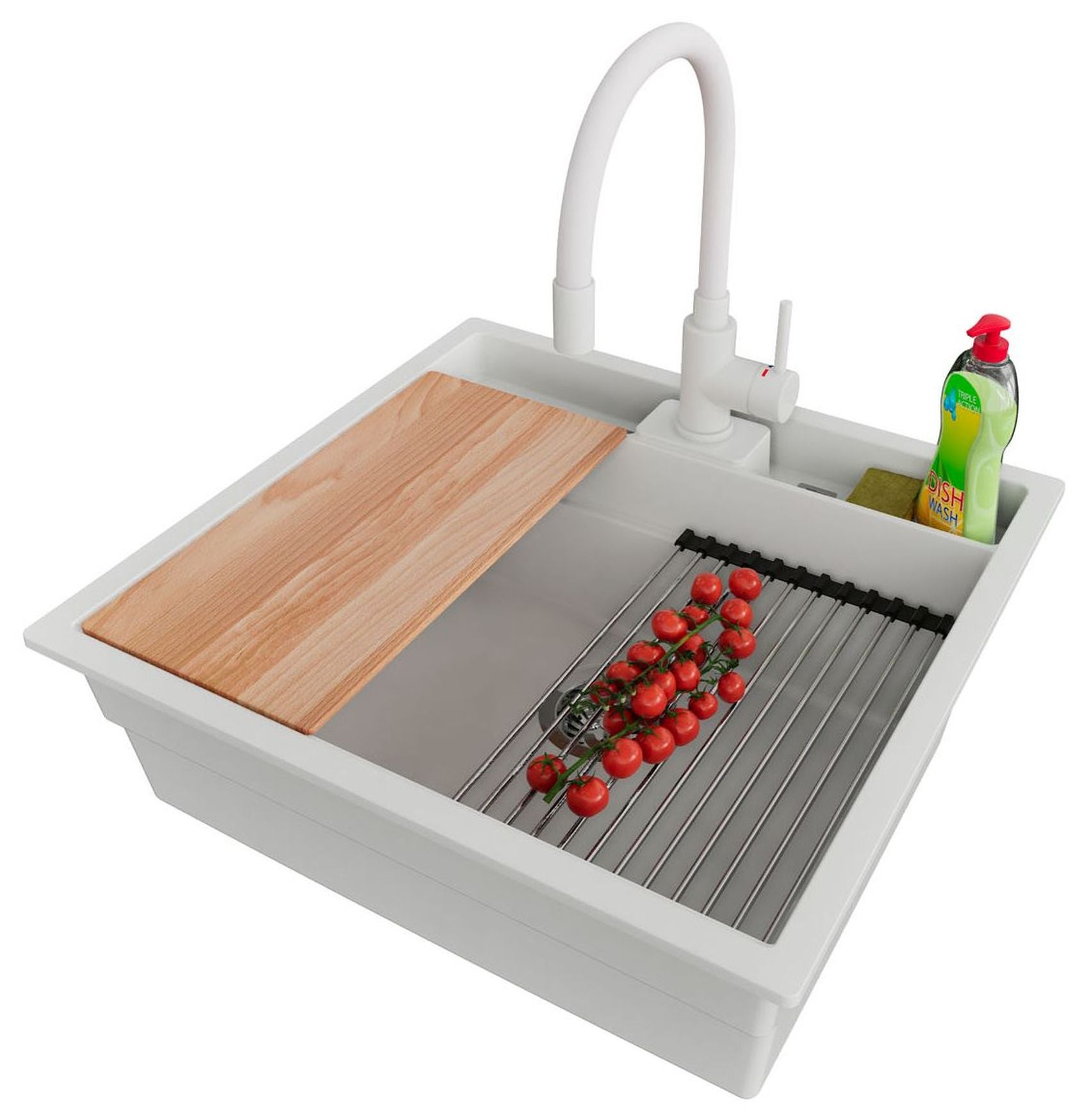 Zlewozmywak podblatowy Biały 56x54cm, Zlew Kuchenny 1 Komorowy + Bateria 38x14cm + Syfon + Akcesoria, do szafki od 60cm - Bergen Pocket PRIMAGRAN