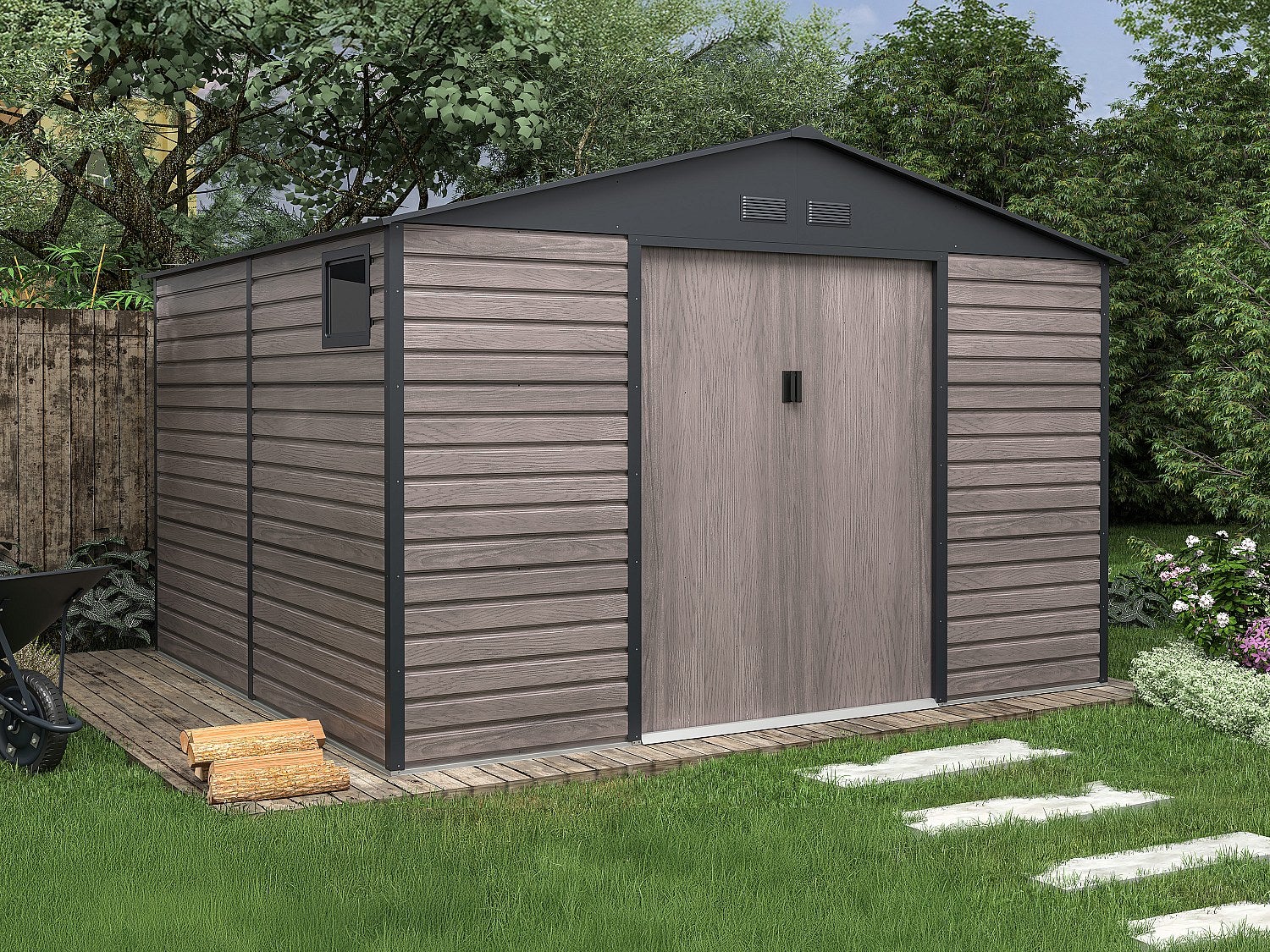 Wiata ogrodowa ADELMO ze stali galwanizowanej, drewnopodobnej – kolor szary – 10,98 m²