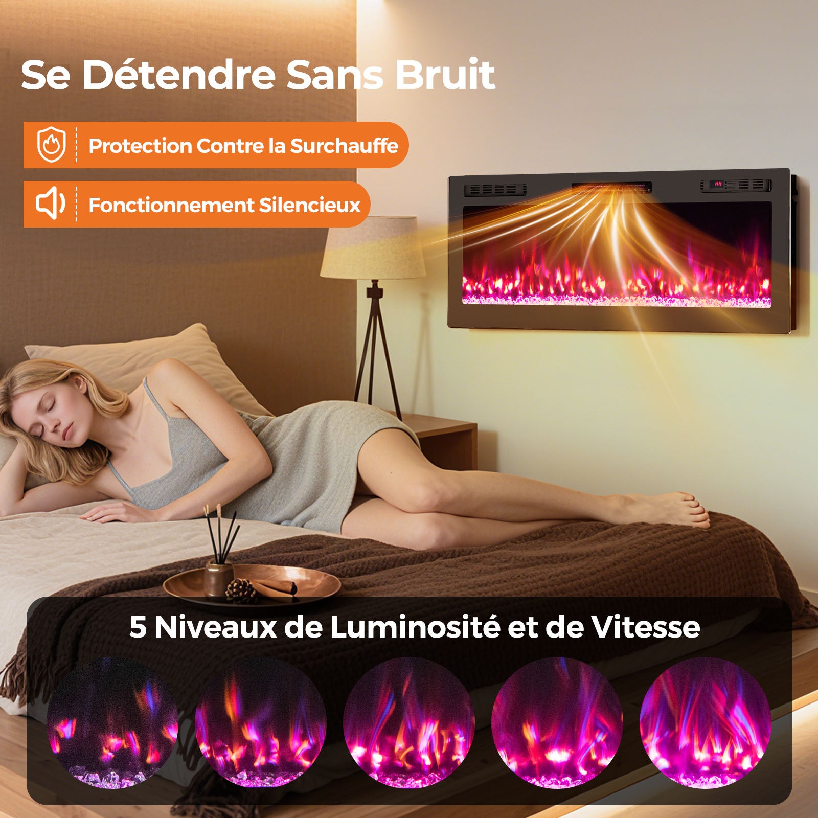 127cm Cheminée Électrique avec Chauffage 750W/1500W | Cheminee Decorative avec Effet Flamme LED | 12 Couleurs | 5 Luminosités | 5 Vitesses - 5
