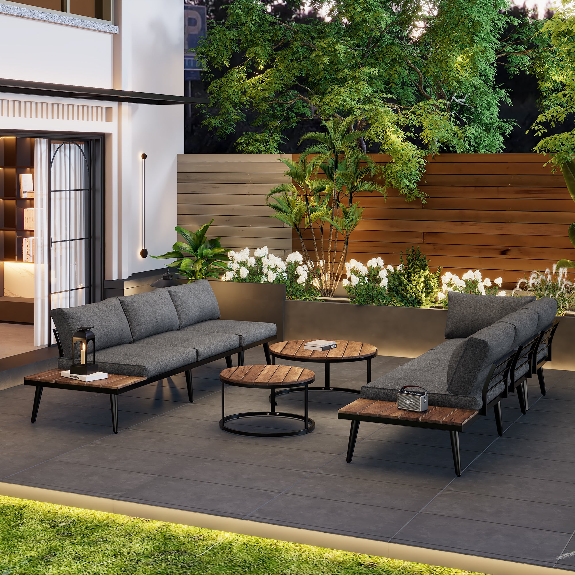 Conjunto de muebles de jardín para 6 personas con 2 sofás de dos plazas, 2 sillas, 2 mesas redondas, estructura de hierro, gris antiguo - 3