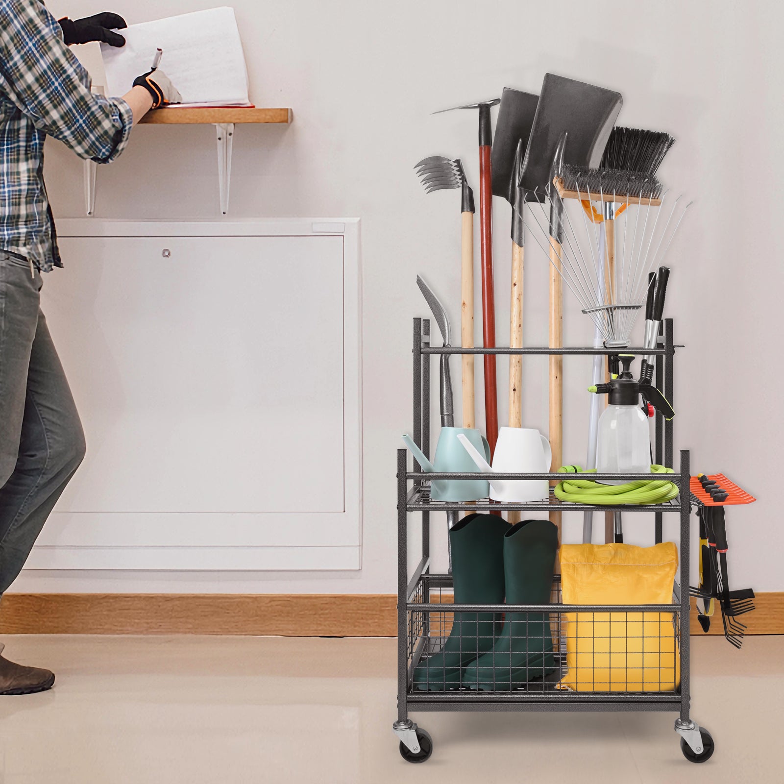 Support Range Outils de Jardin VEVOR 16 Emplacements avec Crochets Porte-outils Garage en Métal sur Roulettes Organisation et Stockage Abri Extérieur - 8