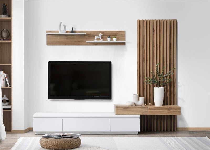 Set da pranzo con tavolo TV e boiserie 250x200 cm - Bianco e rovere - 2