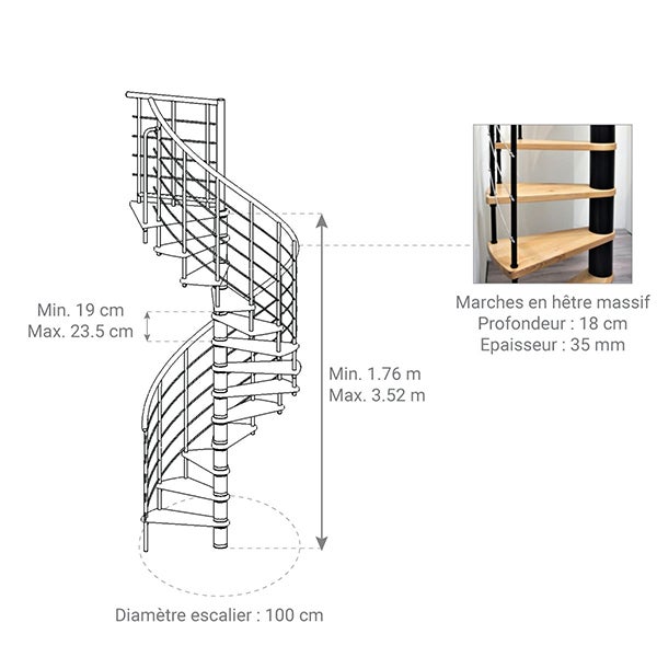 Escalier colimaçon 13 marches - Hauteur à franchir 2.54 à 3.05m - Structure noire et marche hêtre - Diamètre 100cm - VENE100/NH-13 - 2