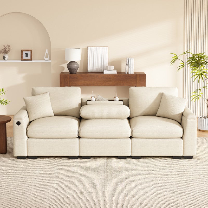Canapé 3 places moderne - avec coussins et table pliante - comprend des ports USB et un porte-gobelet - beige - 2