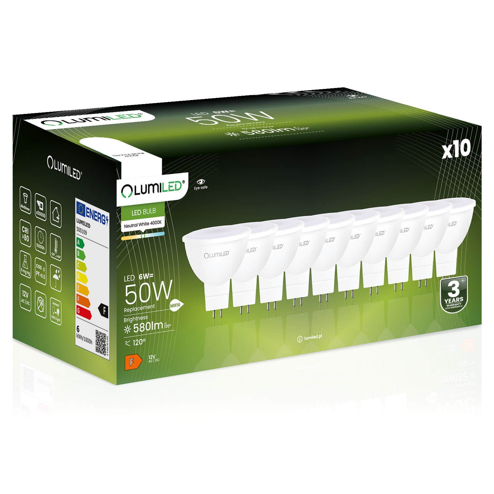 10x Żarówka Lumiled LED GU5.3 Reflektor MR16 6W = 50W 580lm 4000K Neutralna 120st 12V