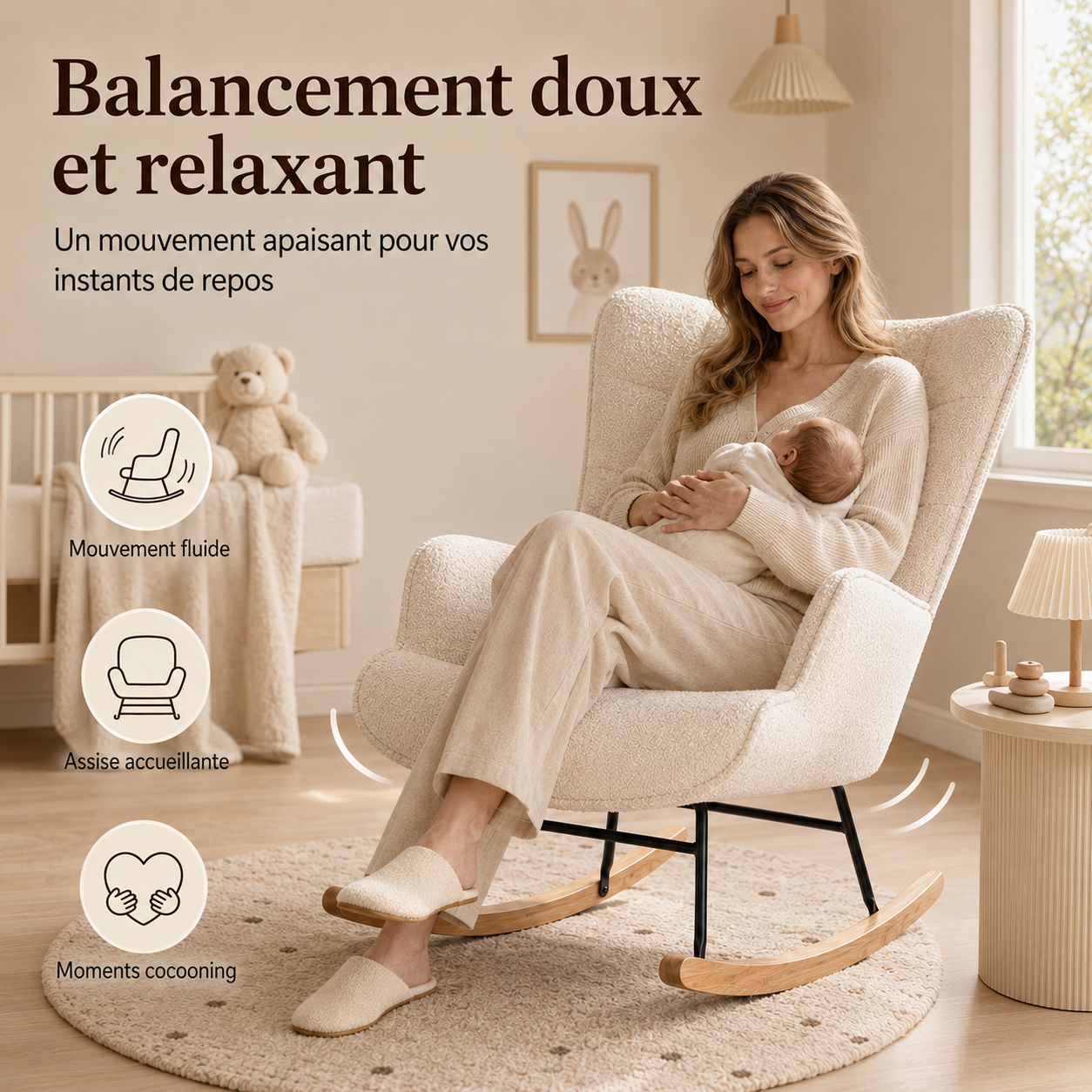 Fauteuil à Bascule, Rocking Chair, Revêtement Bouclette, Fauteuil Allaitement, Beige | Chaise à Bascule, Structure en Acier, Pieds en Bois Massif - 5