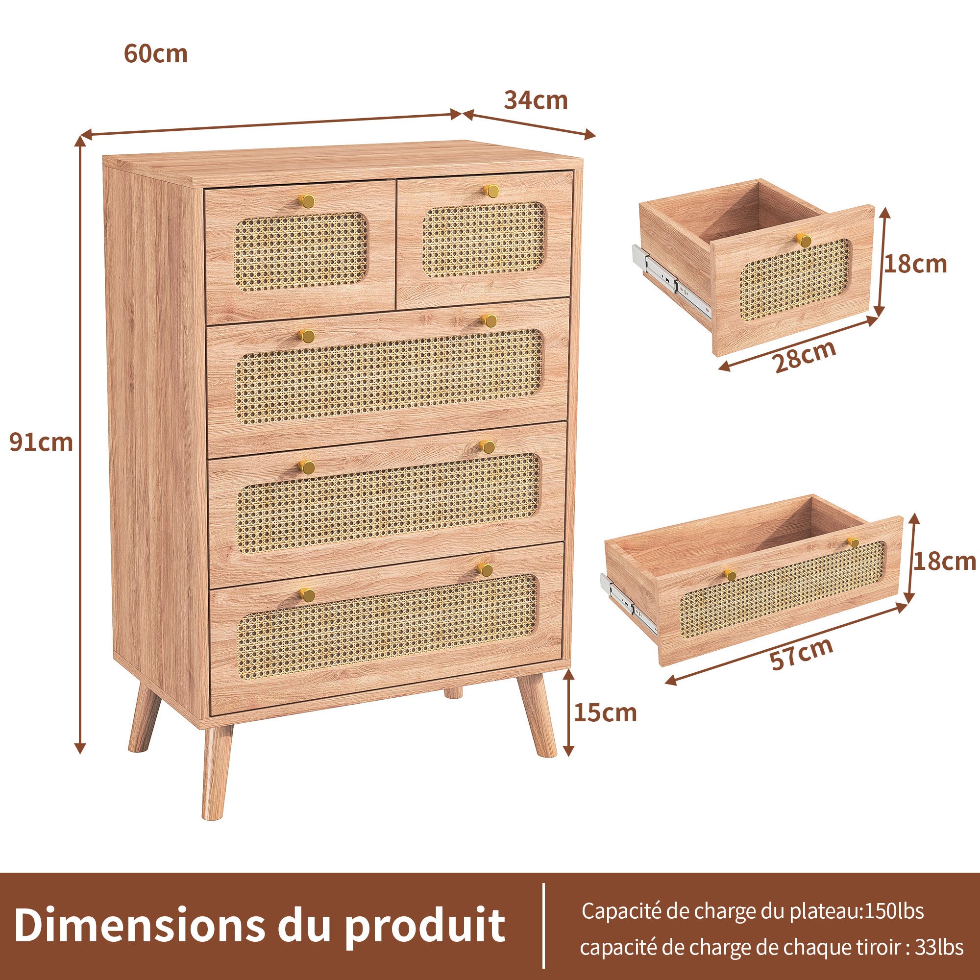 Commode - COZY - Avec 5 tiroirs - Scandinave - 60 x 34 x 91 cm - tiroirs en rotin - Couleur bois naturel - 7