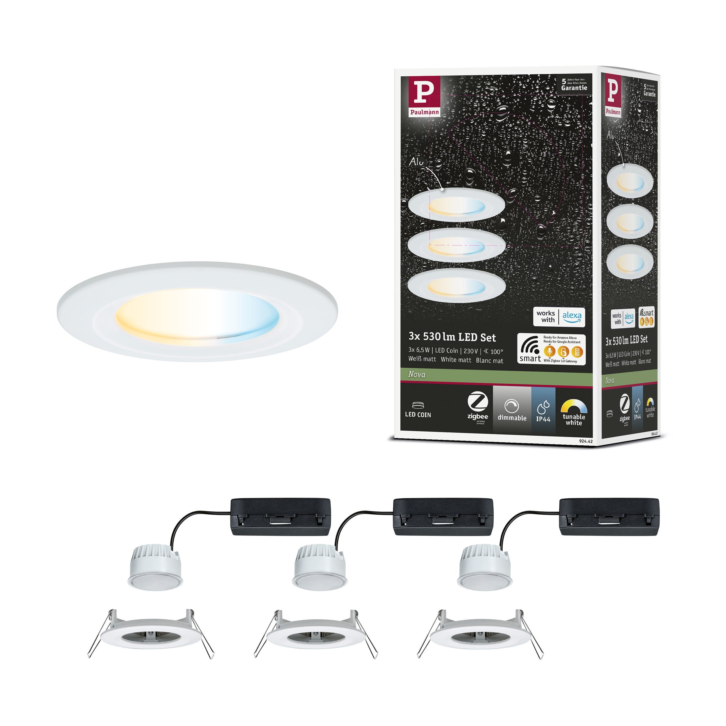 Spot encastré LED Nova Coin IP44 rond 78 mm Tunable White 3x6W 3x530lm 230V Blanc dépoli Aluminium