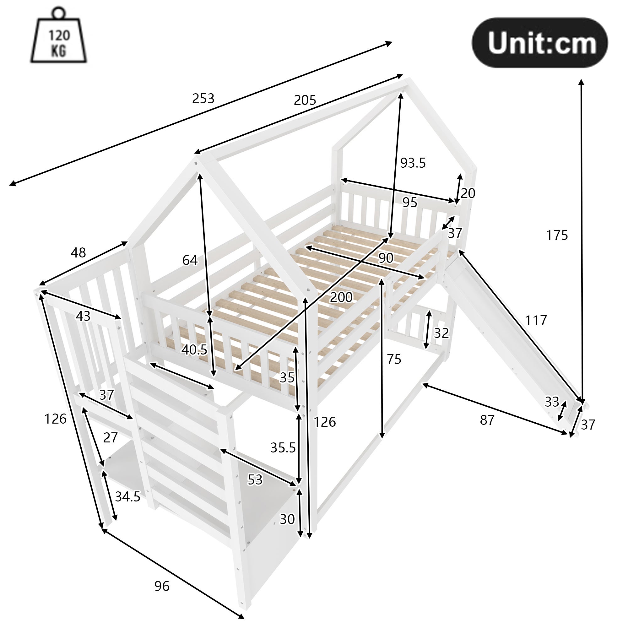 Lit superposé avec escalier de rangement et toboggan, lit d'enfant avec barrières, 90x200cm, blanc - 4