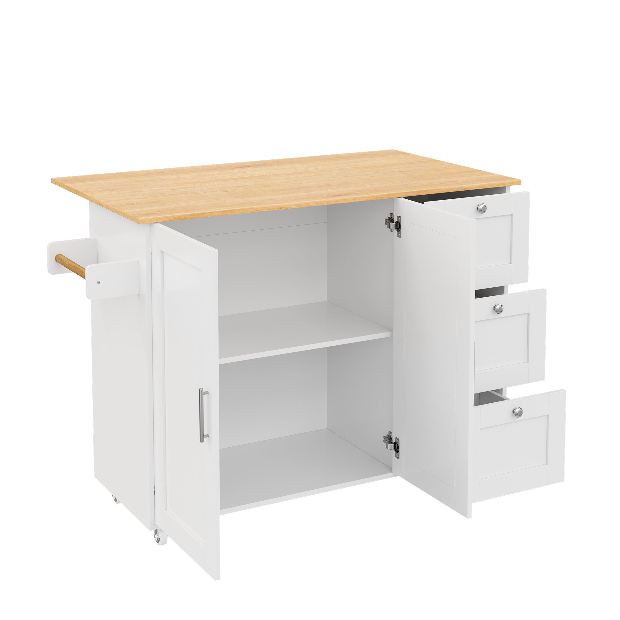 Ilot central de cuisine - avec comptoir pliant - 3 tiroirs et étagères réglables - Blanc - 8