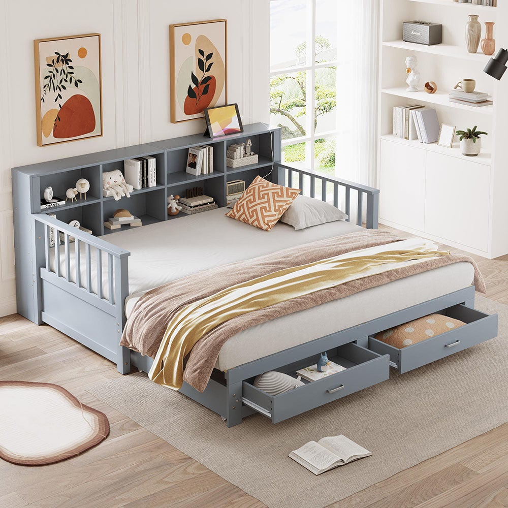 Lit combiné lit extensible bois massif 90/180x190 cm armoire de rangement avec 2 tiroirs en pin gris - 9