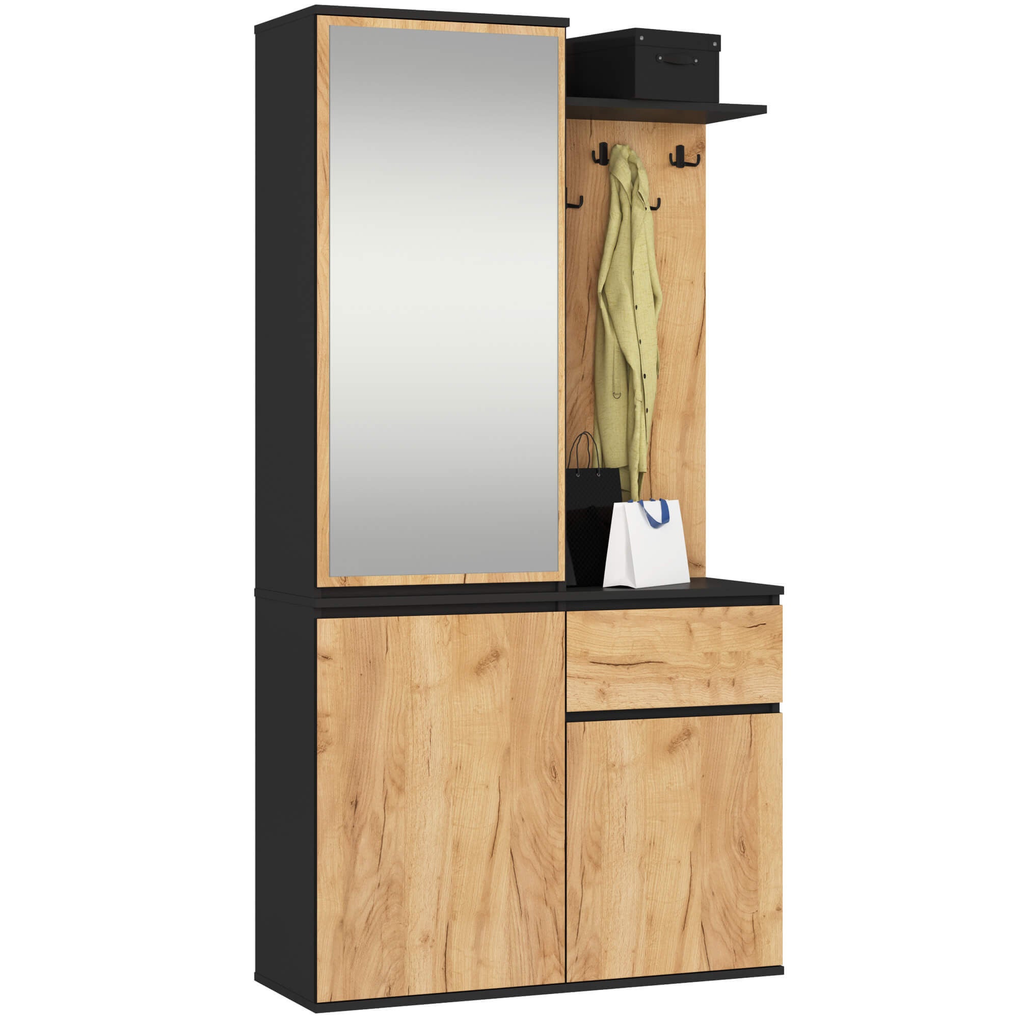 Zestaw do przedpokoju z lustrem AKORD ENTRO Czarny, Dąb Craft 95 cm 1 szuflada 3 drzwi 7 półek 95x35x183 cm