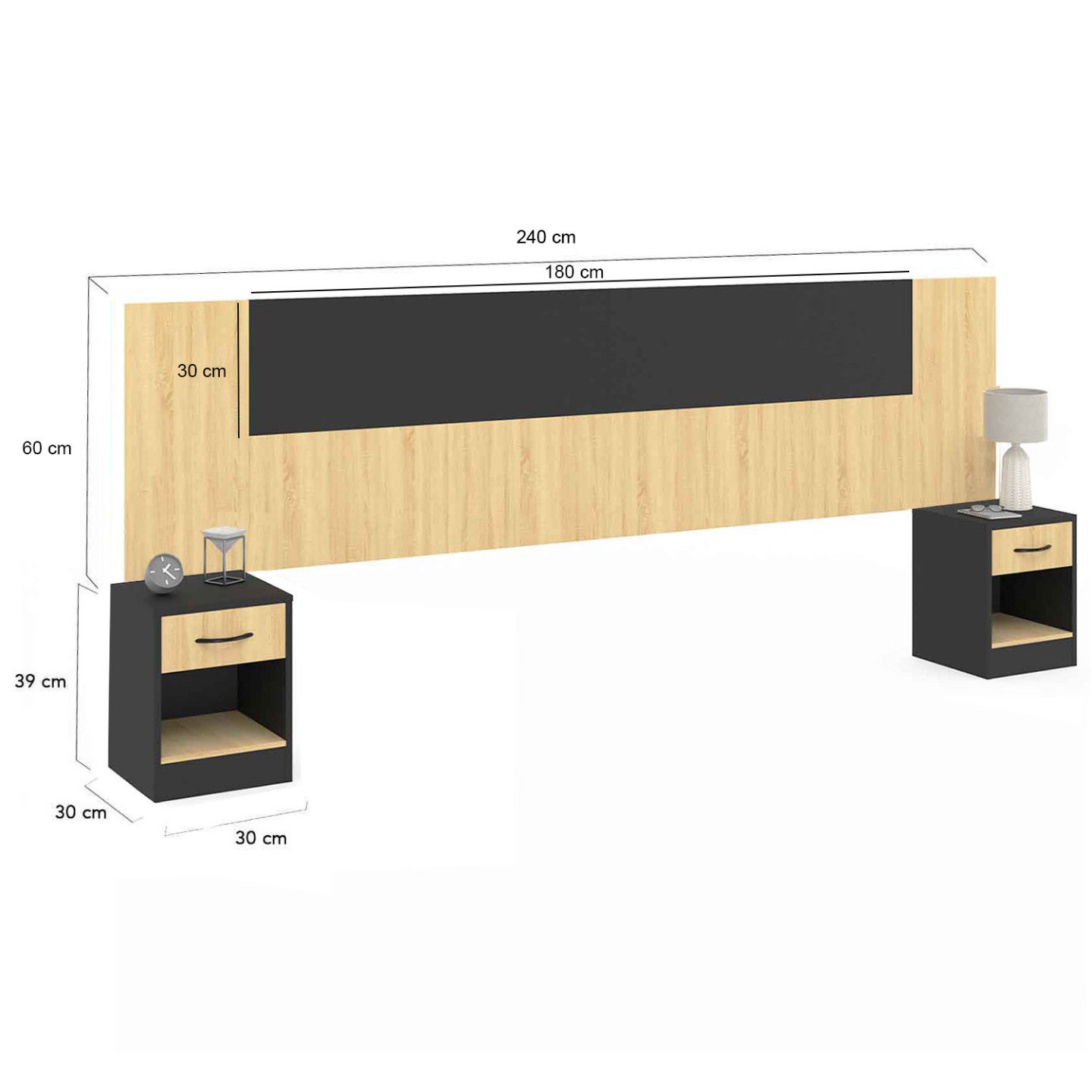 Tête de lit sur pied avec chevets modulables SAPA pour lit 140, 160 ou 180 cm bois et noir - 5