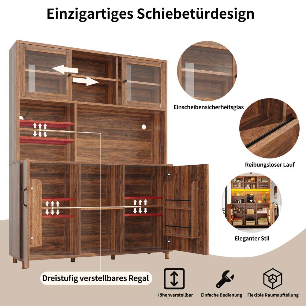 Armoire haute LED 140x40x185cm meuble salon cuisine buffet couleur noyer rétro portes coulissantes en verre rangement - 8