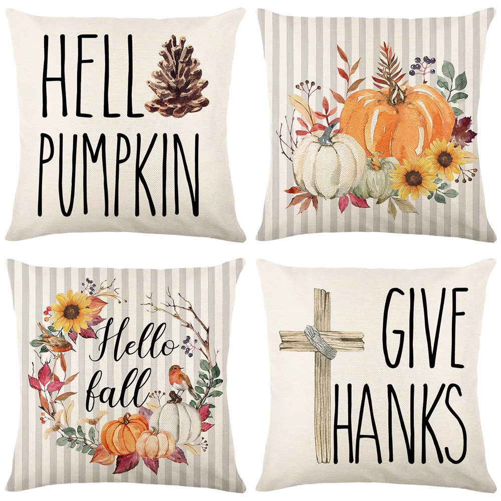 Federe Cuscino Autunnali Zucca Set Di 4 45x45 Cm, Motivo Zucca E Foglie - Per Interni Ed Esterni, Decorazione Per Casa, Patio E Feste Federe Per Cuscini Autunnali