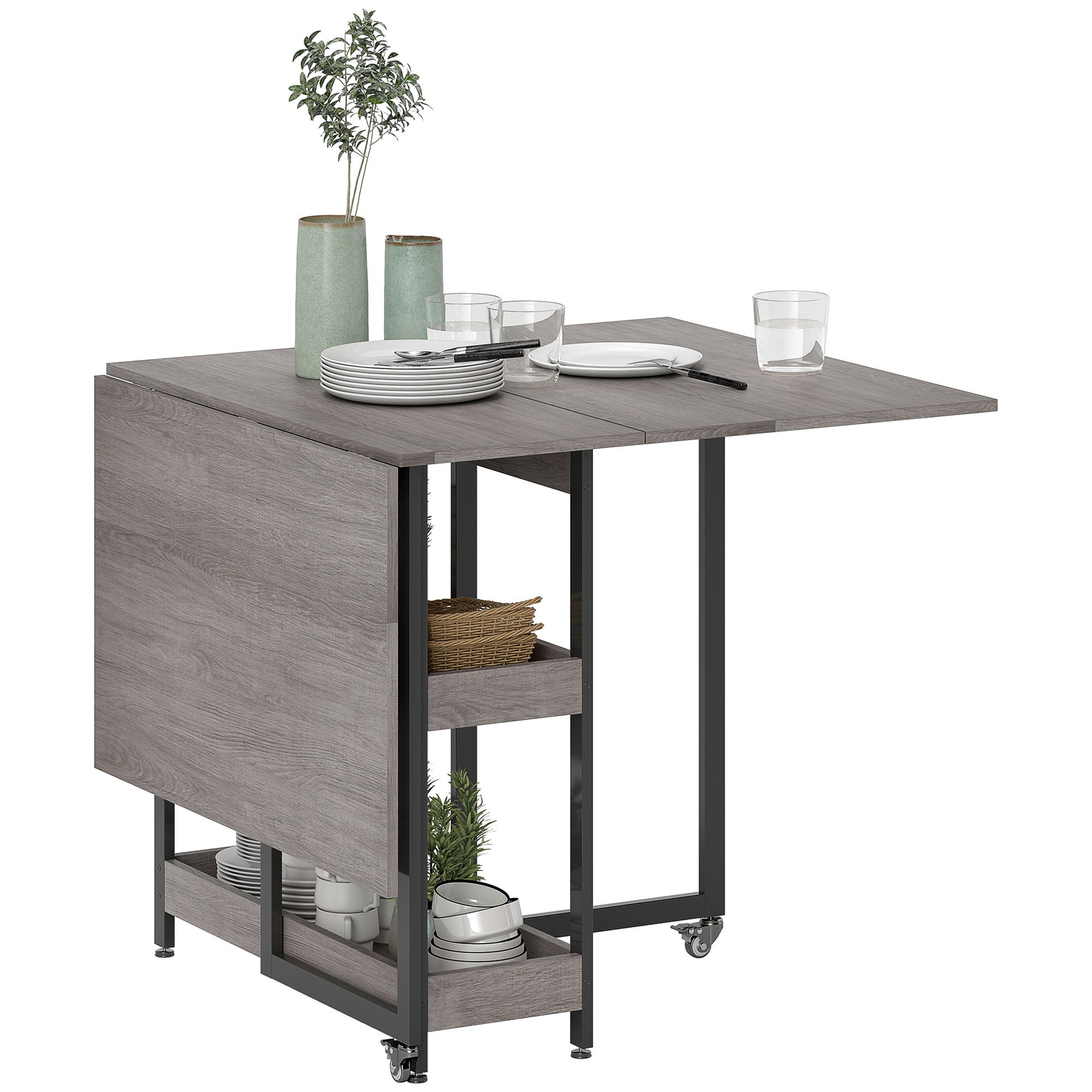 Mesa de comedor plegable de estilo industrial, con capacidad para hasta 4 personas, estantes abiertos, modular, de metal y aglomerado, color gris.