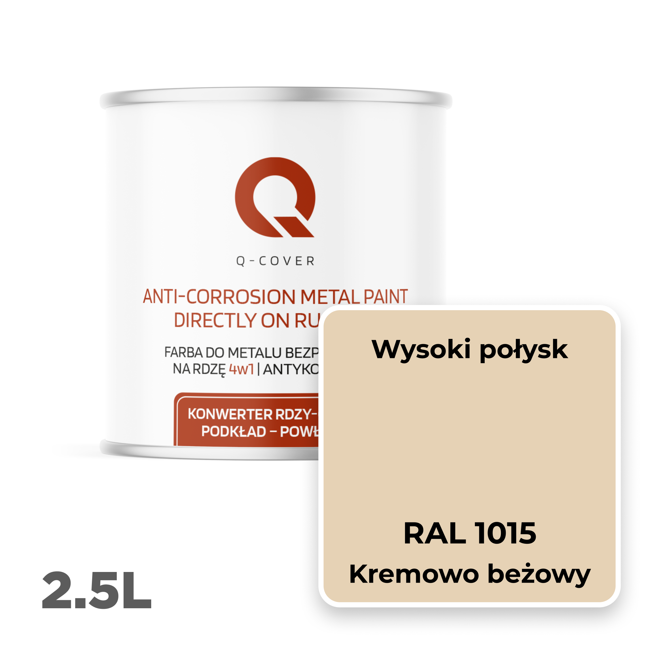 Farba do Metalu Prosto na Rdzę 4w1 Q-Cover Kremowo beżowy RAL1015 Wysoki Połysk 2.5L - 2