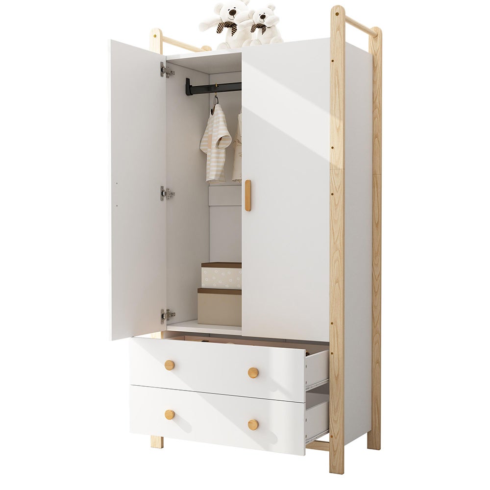 Armoire 2 portes 90x45x180cm, tringle, 2 tiroirs, aggloméré, blanc+pin. - 4
