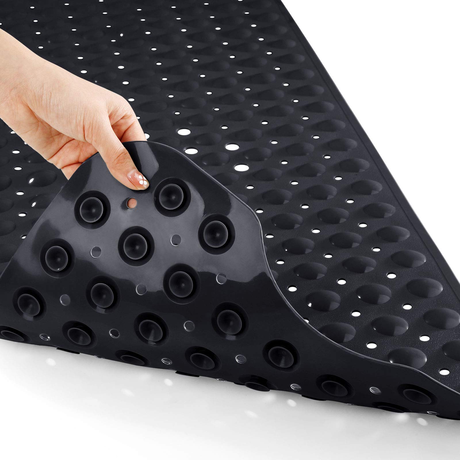Alfombrilla antideslizante extralarga para baño/ducha/bañera, 100*40cm, con orificios de drenaje y ventosas, lavable a máquina, color negro