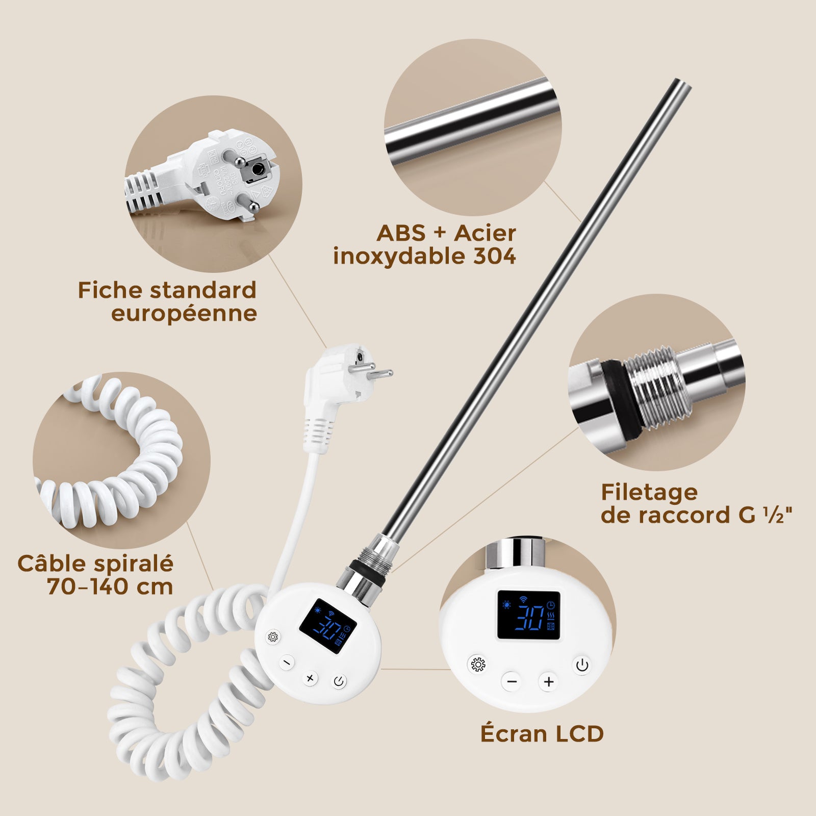 Résistance sèche-serviettes connectée WiFi avec thermostat intelligent – Élément chauffant programmable 900W, commande vocale, Blanc, S'AFIELINA - 3