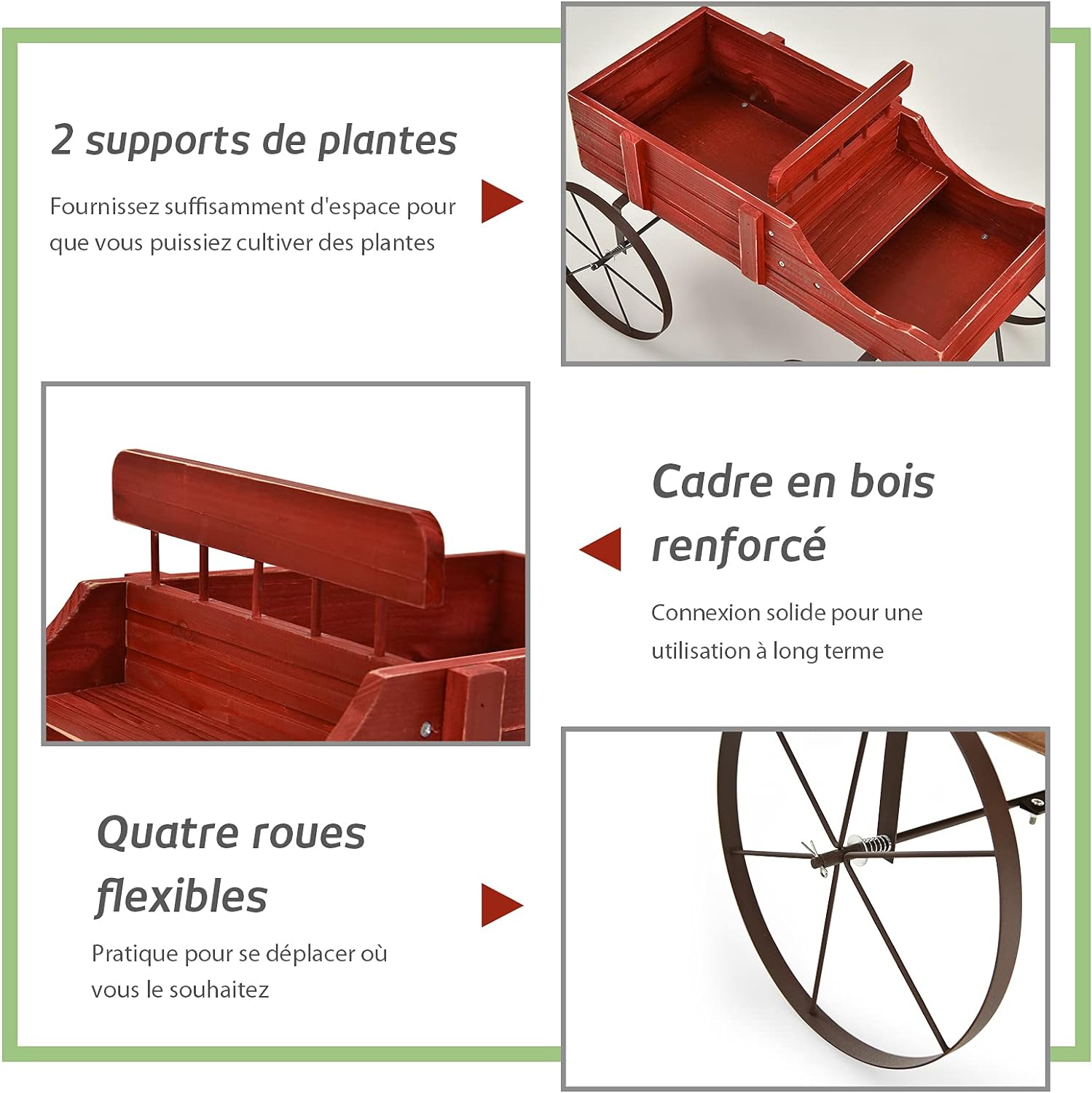 Brouette décorative avec 2 compartiments à planter roues métalliques poignée charge 15kg rouge - 6