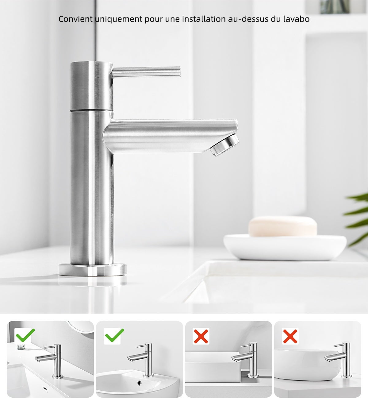 Robinet Lavabo Monotrou brossé EAU Froide+Bonde Lavabo Bonde Pop-up avec Trop-plein Automatique - 3